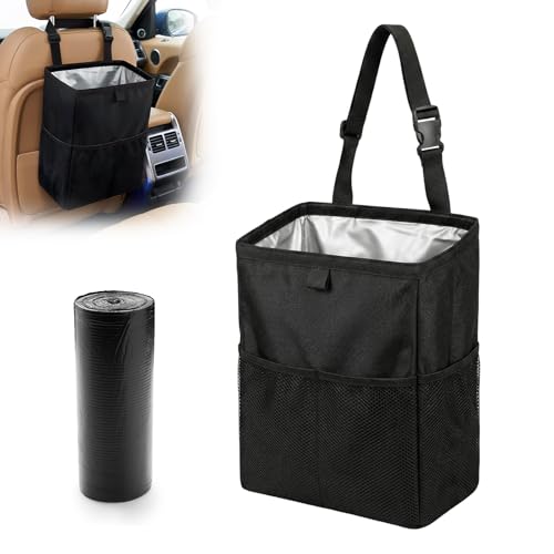 Waterproof Car Trash Bag with 50 Garbage Bag, 3.5 Gallon Hanging Leak-Proof Car Garbage Can for Back Seat with Storage Pockets, Foldable Hanging Trash Bin for Camping & Road Trips (Black)