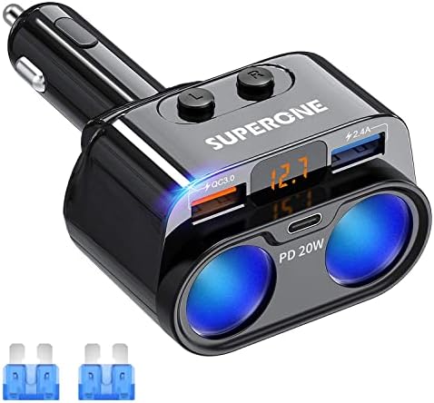 SUPERONE 200W 2-Socket Cigarette Lighter Splitter Power Adapter, 20W PD/QC