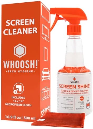 WHOOSH! Screen Shine Pro 16.9 fl oz Refillable Screen Cleaner for TV, OLED, and Monitors – Streak-Free Spray with Microfiber Cloth – Safe for Flat Screen, LCD, Smart Displays – Non-Toxic and Odorless