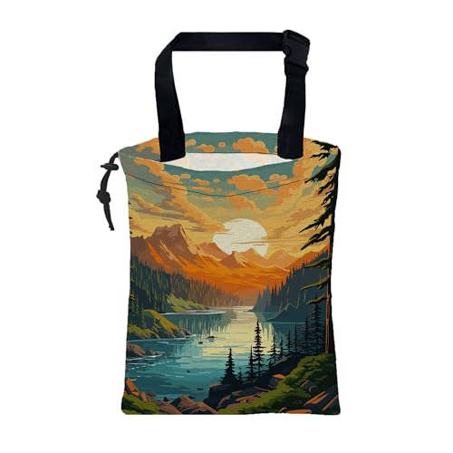 Car Garbage Bag Mountain Lake and Sunrise Drawstring Car Trash Bag Hanging for Back Seat with Adjustable Buckle Canvas Vehicle Trash Can Easy-to-Install