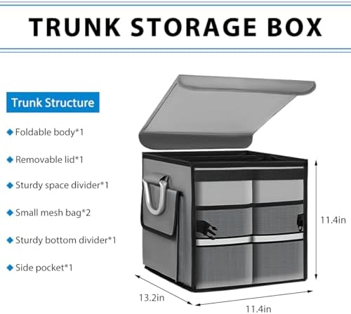 Car Trunk Organizer With Lid, 28L Collapsible Waterproof Oxford Fabric Trunk Organizer with Aluminum Handle, Portable 2-Compartment Cargo Storage Box for SUV, Truck, Sedan (Gray)