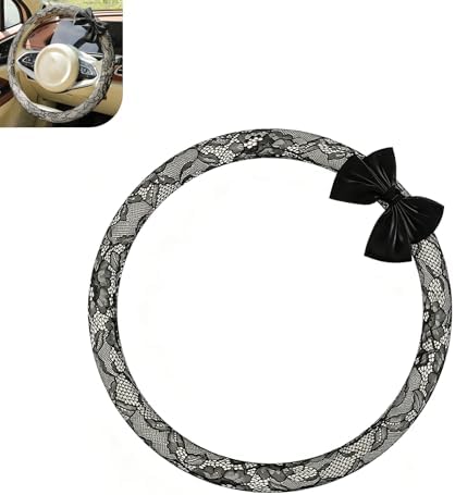 Lace Bow Steering Wheel Cover, 15" Cooling Breathable Steering Wheel Cover, Retro Elegant Anti-Slip Protective Decoration, Universal for Women Girls (Black)