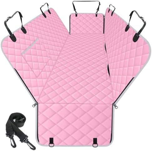 Waterproof Dog Car Seat Cover for Back Seat, Pet Hammock- L, Pink/Grey | Durable waterproof hammock with nonslip design & storage pockets. Protects seats from scratches, fits cars, SUVs & trucks.