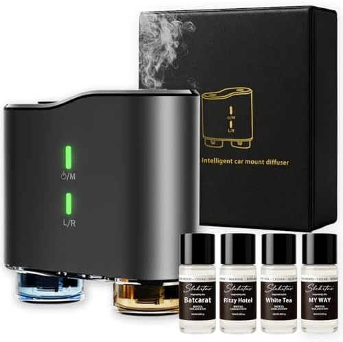 Waterless Car Diffuser Kit with 4 Fragrance Oils – Luxury Hotel Inspired Aromatherapy Air Freshener for Car, Vehicle, Office & Small Spaces (Black, Hotel Fragrance)