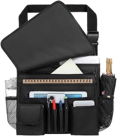 Car Front Seat Organizer for Paperwork File Laptop Mobile Office, Multi Compartment Storage Bag with Cup holder and Adjustable Strap for Car Work Truck Van