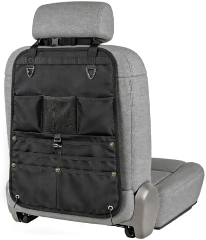 1 Pack Backseat Car Organizer, Heavy Duty Nylon Seat Back Organizer with 7 Storage Pockets, Anti-Swing Straps & Modular Webbing Panel for Cars, Work Trucks, SUVs, and Pickups