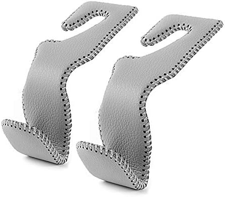 AMVOYOA Headrest Hooks for Car, Back Seat Organizer Gray Leather Hanger Holder Hook, for Hanging Purses and Bags and Coats, Pack of 2