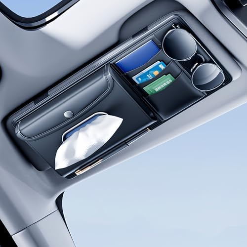 Tumecos Car Sun Visor Organizer with Tissue Holder, Auto Consoles Organizer with Sunglass Clip,Multi-Pocket Visor Accessories for Truck, SUV,Card/Pen/Driver's License Storage