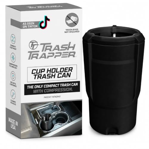 Trash Trapper Car Trash Can Cup Holder | Mini Car Trash Can | Fits in Most Doors | 5.1" x 2.9" | Traps More & Empties Less, Patent-Pending Compaction, Holds Weeks of Small Garbage, Black/Grey