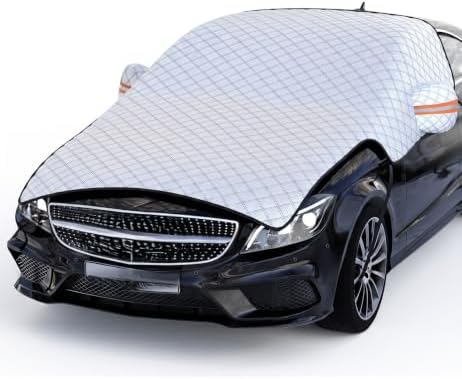 Half Car Cover, Water Resistant All Weather Heavy Duty Hood Windshield Guard, UV Protection Ice Snow Frost Shield, Universal Outdoor Car Covers for Sedan SUV Light Truck Silver