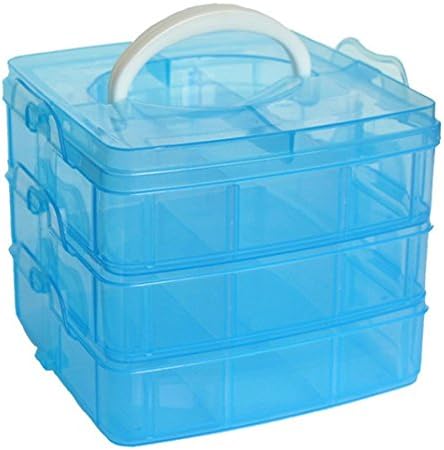 Kamay's 3-Tier Transparent Stackable Adjustable Compartment Slot Plastic Craft Storage Box Organizer for Toy Desktop Jewelry Accessory or Kitchen (3-Tier 18 Sections M Blue)