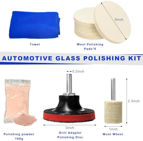 Glass Polishing Kit, Car Windshield Scratch Remover Polish Pads Kit with 100g Cerium Oxide Powder, Universal Wool Polishing Wheel Set for Auto Glass Window Windscreen