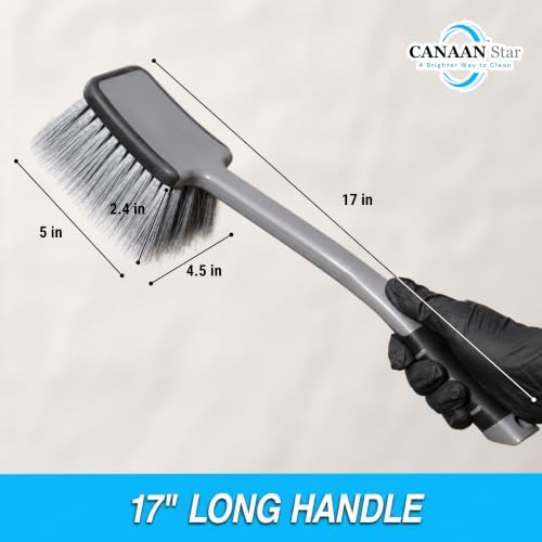 Car Wash Brush(Upgraded Design), 17" Long Handle, Flagged Bristles, Rubber-Protected Head, Non-Slip Ergonomic Grip for Tires, Undercarriage, Wheels, Grill, Fender Wells, SUVs & Cars