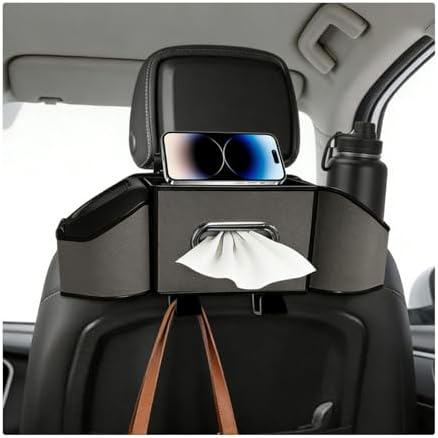 Car Backseat Organizer, 7-in-1 Auto Seat Back Drink Cup Holder Organizer with Tissue Box & Hooks, Multifunctional Vehicle Headrest Storage Box for Hold Phone Snacks Drinks (Gray)