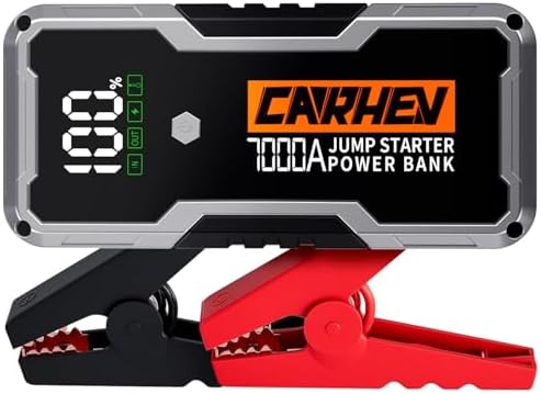 CARHEV 7000A Car Battery Jump Starter, Car Jumper Starter Portable for Up to 10L Gas or Diesel Engines, 12V Jump Box with USB Output, Jumper Cables, LED Light