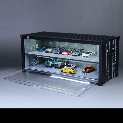 1/64 Scale Display Case with LED Light–Container Box Style Garage Diorama | Compatible with Hot Wheels Matchbox Mini GT Diecast Cars and Storage Stackable, for Model Car and Figures Display