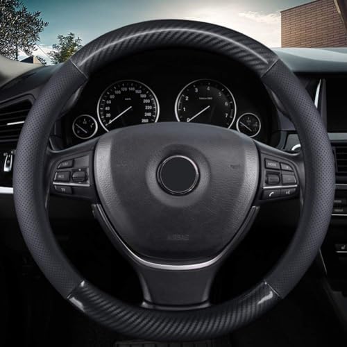KAFEEK Classic Carbon Fiber Steering Wheel Cover, 15 inch, Black