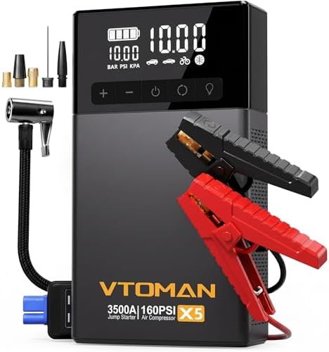 VTOMAN Portable Jump Starter 3500A with Built-in Air Compressor, 160PSI Digital Tire Pump, 12V Battery Booster for 9L Gas/8L Diesel Vehicles, Type-C Quick Charge