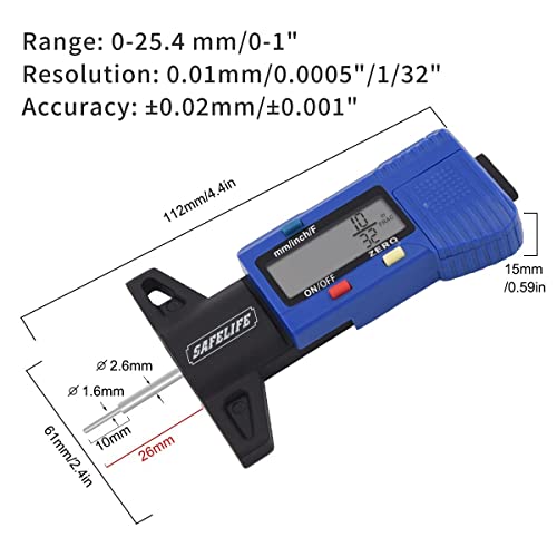 SAFELIFE Tire Tread Depth Gauge, Digital Tire Tread Depth Gauge LCD Display Professional for Motorcycles,Cars,Trucks,Vans,SUV,Accurate Reading Tyre Tread Depth Gauge 32/32 inch/0-1/25.4 mm
