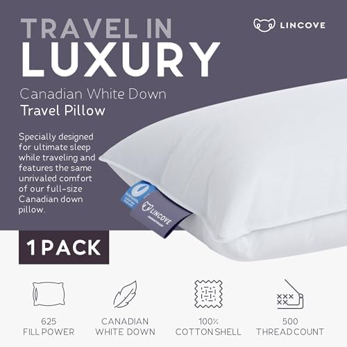 Lincove Canadian Down Feather Travel Pillow - Luxury Pillows to Support Head, Neck, While Sleeping on Airplanes, Cars, Hotels & Home - Comfortable Vacation Sleeping Essential, 13"x18"