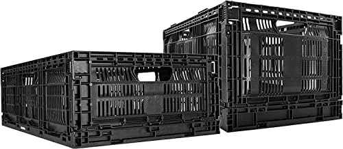 JEZERO Medium and Large Combo Pack Collapsible Plastic Storage Crate – Stackable Utility Bin with Folding Walls for Garage, Closet, Car Trunk, and Home Organization | Black, 24" x 16" x 8"