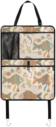 Car Back Seat Organizer with Fish Pattern, Multi-Pocket Storage Bag, Beige, Polyester, 25x18 Inch, Mesh Cup Holder, PVC Tablet Pocket, Kick Mat Protector