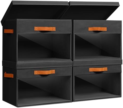 Homsorout Large Storage Bins with Lids - 4 Pack Foldable Decorative Organizers with Clear Windows & Handles, Cube Storage Organizers for Clothes, Blankets, Sweaters, Sheets, Black
