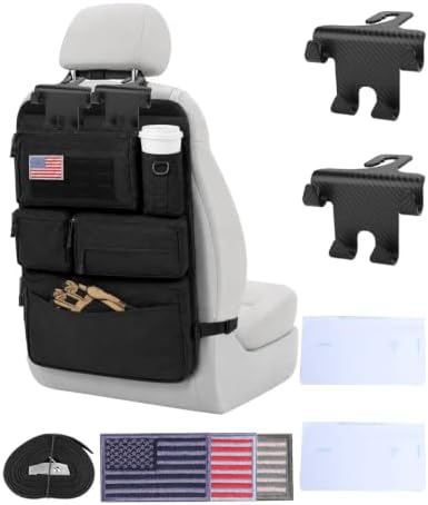 Tactical Car Seat Back Organizer Kit, MOLLE Vehicle Seat Organizer with Storage Panel, Strap, Hooks & Trash Bags, Universal Car Accessories for Truck SUV Jeep Interior Storage Organizer