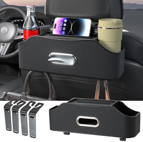 Back Seat Cup Holder for Car – Multifunctional Seat Back Organizer with Drink Holders, Tissue Box Storage & Hooks, Fits Headrest for Auto. Black