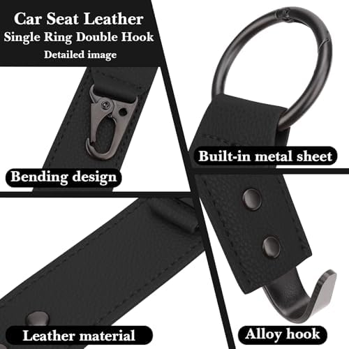 Adorila Car Hooks for Headrest - Backseat Storage Organizer Hangers - PU Leather Strap with Metal Snap Clip for Bags - (Black, 2-Pack)