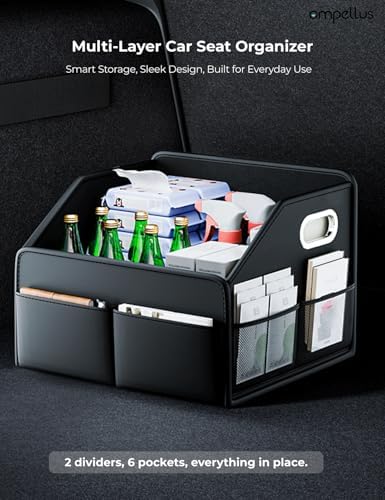 Car Seat Organizer, Collapsible, Black | Multi-Layer Storage, Metal Handles, Upgraded Anti-slip Rear Strap,Premium PU leather,Foldable & Versatile