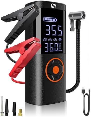 Jump Starter with Air Compressor, Jump Battery, Battery Jumper Starter Portable Jump Starter with LCD Display, Smart Jumper Cables, LED Light (Black)