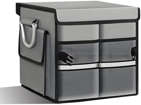 Car Trunk Organizer with Lid, 28L 2-Compartment Collapsible Trunk Cargo Storage Box, Waterproof Oxford Vehicle Backseat Storage Organizer with Base Plate & Metal Handle, Car Accessories (Gray)