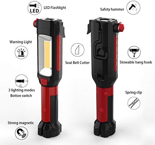 Maksone 9-in-1 Emergency Auto Tool with Flashlight, Window Breaker & Seat Belt Cutter, Magnetic LED Work Light with Hook for Car Repair, Camping, and Emergency Use (Battery Included) (1 Pack)