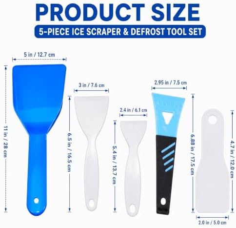5 Pack Plastic Ice Scraper Combo Set, 3 Sizes Car Windshield Snow Remover + 1 Blue Large Ice Shovel + 1 Small White Freezer Defrost Shovel for Auto, Fridge & Household Cleaning