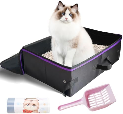 20x14x6.5 Inches, Large Portable Cat Travel Litter Box with Zipped Lid & 10 Liners, Leak-Proof, Lightweight, Sturdy & Waterproof and Foldable Travel Cat Litter Box for Hotels, Car, & Camping