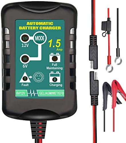 Battery Charger Automatic 6V 12V 1.5A, Trickle Charger Suitable for AGM Gel SLA VRLA Flood Lead-Acid Batteries, Starting Batteries for Auto Car Motorcycle, Dual Voltage Output Detection and Repair