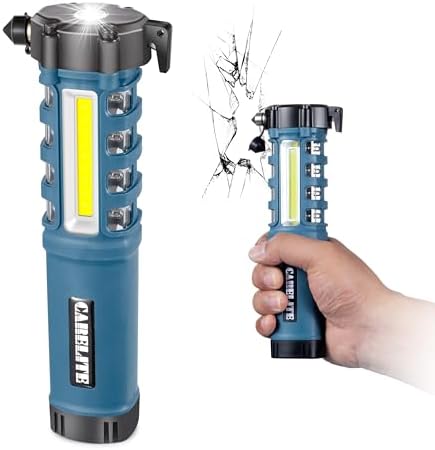 Emergency Car Flashlight with Seatbelt Cutter and Window Breaker, LED Work Light & Flash Beacon, Life-Saving Car Escape Tool for Roadside Safety (Blue)