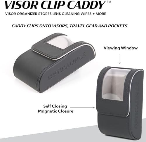 Visor Clip Caddy Vegan Leather Storage CASE for Eyeglass Wipes, Anti-Fog Wipes, Cleaning Wipes and Accessories with Easy Access Quick Release SELF Closing Magnetic Closure – Black