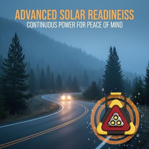 Large LED Triangle Warning Light, Multi-Function, USB & Solar Rechargeable Emergency Lamp, SOS Mode, 3-Bulb Roadside Flare, Stable Stand for Vehicle Safety, 10.6 x 9.4 in / 270 x 240 mm