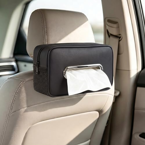 Car Tissue Box Holder PU Leather Car Organizer with Side Storage Pockets