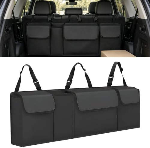 Car Trunk Organizer, Waterproof Backseat Hanging Large Storage with Adjustable Straps, Collapsible Cargo Bag with 4 Pockets, Sturdy Space Saver Frees Trunk Floor for SUV, Truck, MPV (Black)
