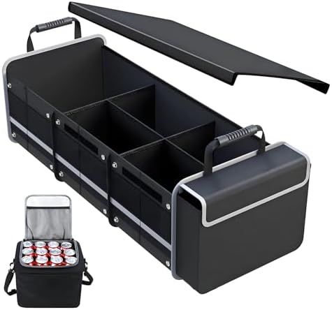 Car Trunk Organizer with Cooler Bag, Collapsible Multi-Compartment Storage Organizer for SUV Truck, Durable Car Cargo Organizer for Groceries Camping Travel