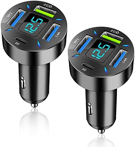 Car Charger 66W Super Fast Charging with USB C&QC 3.0(Voltmeter&LED Lights) Universal Quick Charge for 12-24V Car Cigarette Lighter Plug,Compatible with iPhone 14 13,S22,iPad(2Pcs-Black-QC/PD/2.4A)