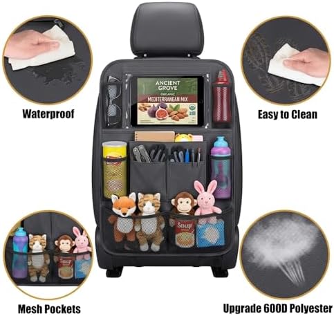 2 Pack Backseat Car Organizer & Kick Mat, Waterproof Seat Back Protector with Clear Pad/Tablet Holder, Universal Fit Car Organizer for Kids Travel Essentials & Storage for SUV/Truck/Sedan