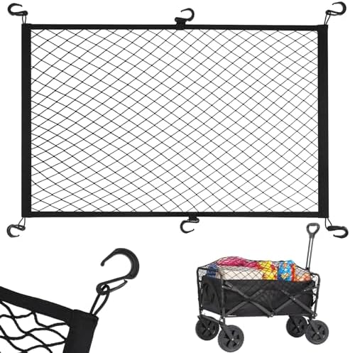 Elastic Mesh Cargo Net for Folding Wagon, Heavy Duty Stretch Storage Cover with 6 Hooks for Beach Cart, Garden Utility Trolley Accessories, 35.5 x 23.6 Inch Black