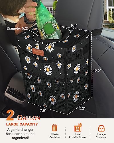 Pritent Car Trash Can with Lid, Cute Leakproof Car Trash Garbage Bag Hanging Vehicle Trash Bin Small Portable Automotive Garbage Cans Organizer for Back/Front Seat/Console(Trapezoid,Black Flower)