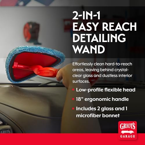 Griot's Garage 2-in-1 Easy Reach Detailing Wand, Extended Reach for Windshield, Window, Mirror, Dashboard, Vehicle Cleaning, 18" Handle