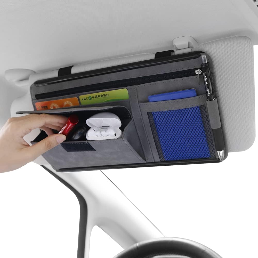 Car Sun Visor Organizer Glasses Case Storage Bag Note Holder Car Suede Zipper Card Hold Car Organizers and Storage (Black)