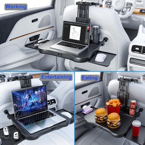 Car Back Seat Tray with Extendable Table, Car Travel Desk for Laptop with Phone Holder, Foldable Trays for Eating & Working, Car Travel Tray Table for Rear Passenger